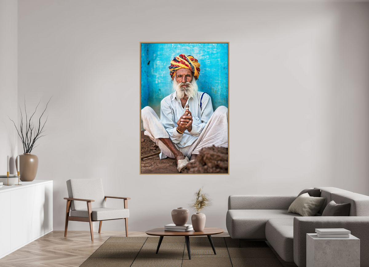 120 x 180 cm, Framed Print, Natural Oak India No. 08 — Blue Wall