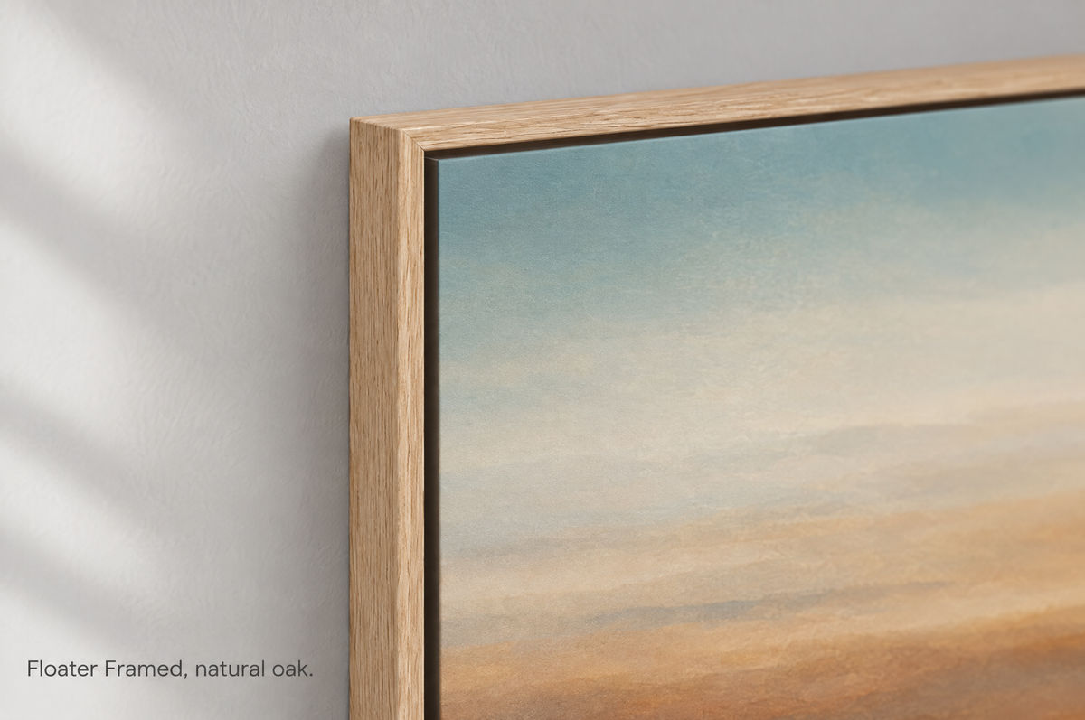 Close-up detail of the Floater Framed, natural oak corner