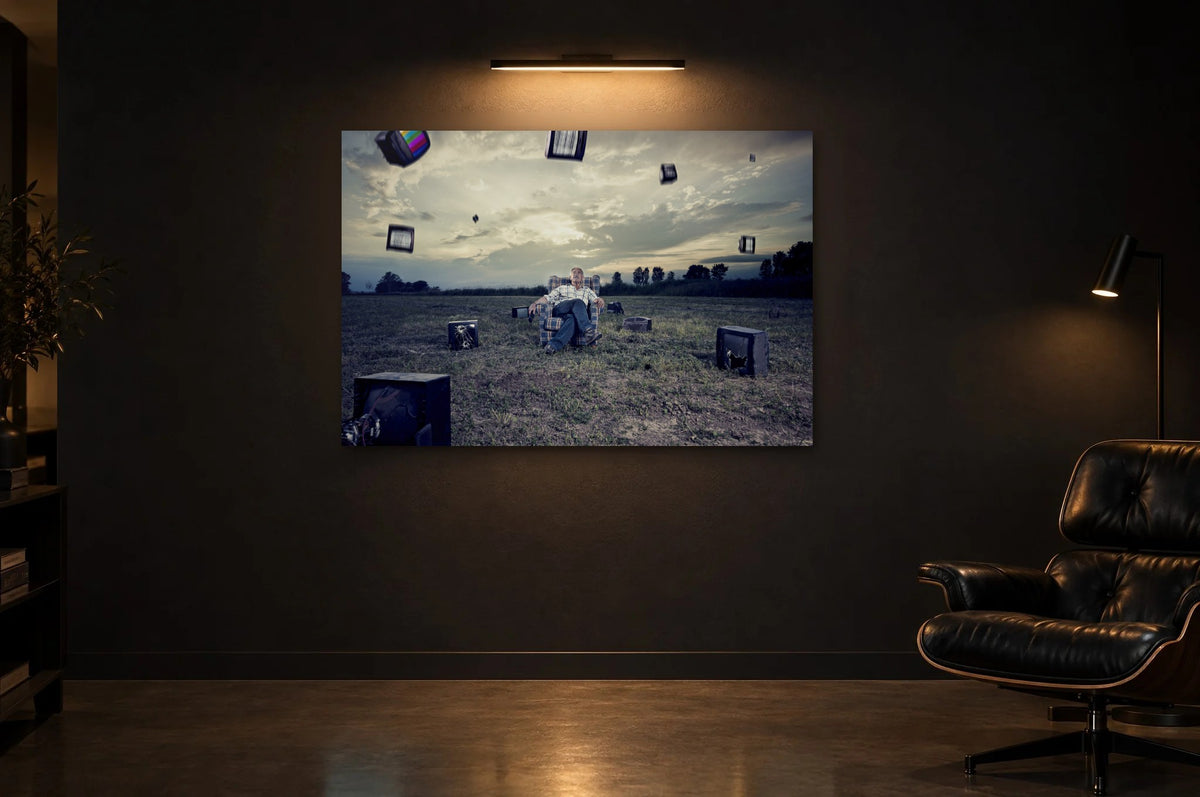 Television Project No. 02 — Downpour — photo print shown in a dark gallery room under a picture light