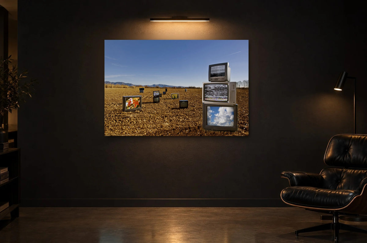 Television Project No. 04 — Harvest of Images — photo print shown in a dark gallery room under a picture light