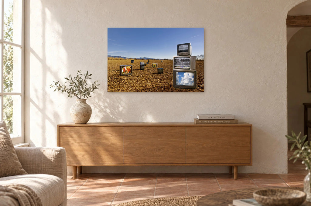 Television Project No. 04 — Harvest of Images — photo print shown on a wall in a Mediterranean living room