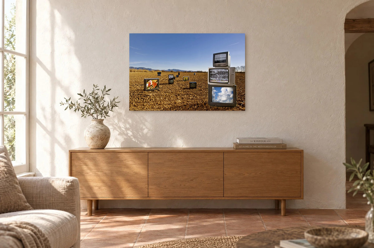 Television Project No. 04 — Harvest of Images — photo print shown on a wall in a Mediterranean living room