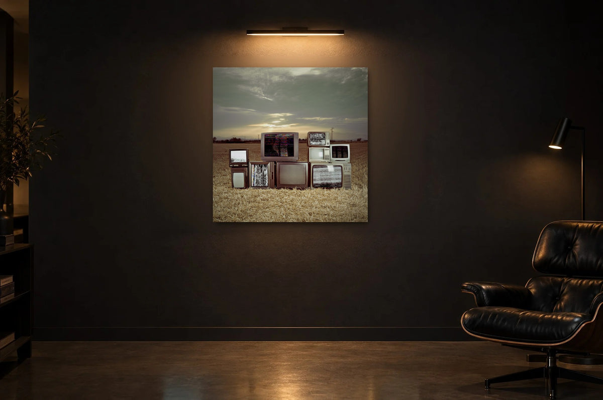 Television Project No. 05 — Static Field — photo print shown in a dark gallery room under a picture light