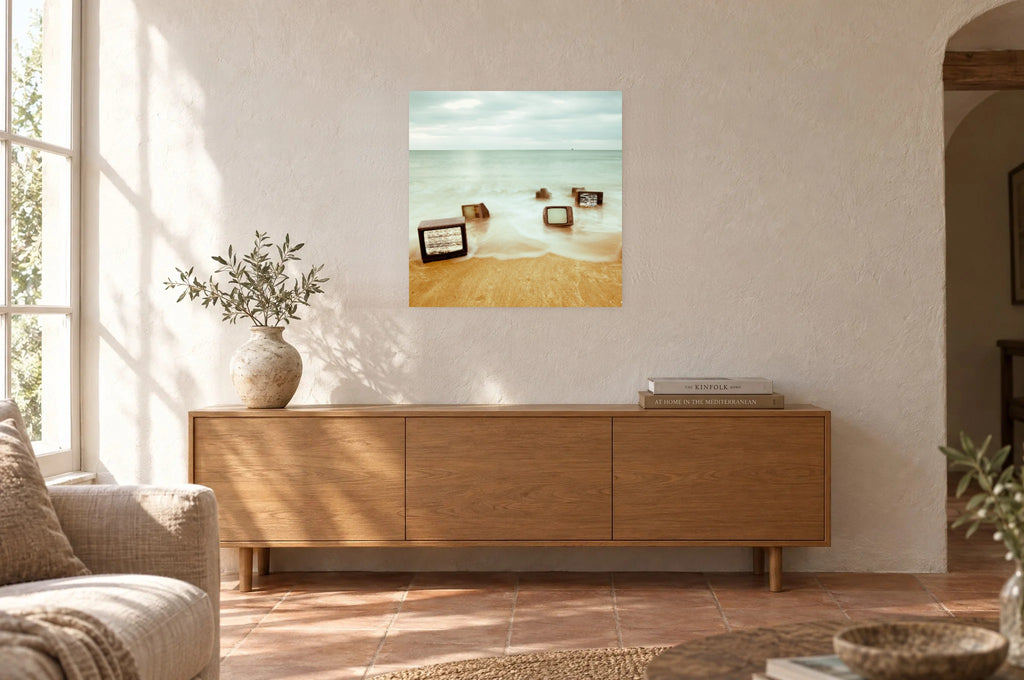 Television Project No. 07 — Undertow — photo print shown on a wall in a Mediterranean living room