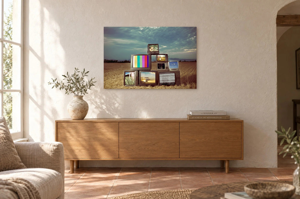 Television Project No. 08 — Test Card — photo print shown on a wall in a Mediterranean living room