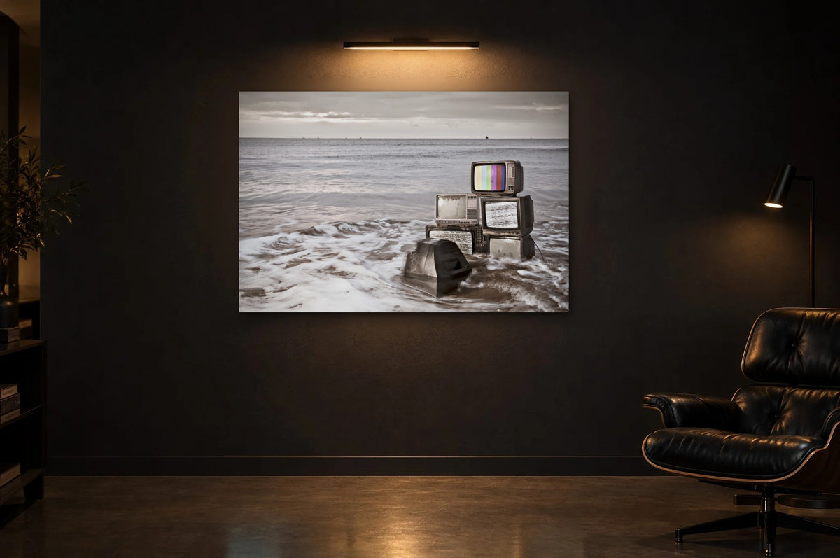 Television Project No. 09 — Salvage — photo print shown in a dark gallery room under a picture light