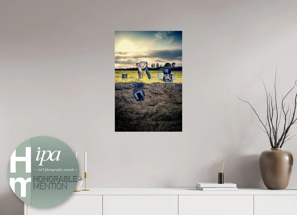 Television Project No. 01 — Burial — 50 × 75 cm print on a wall, with the IPA Honorable Mention 2013 badge