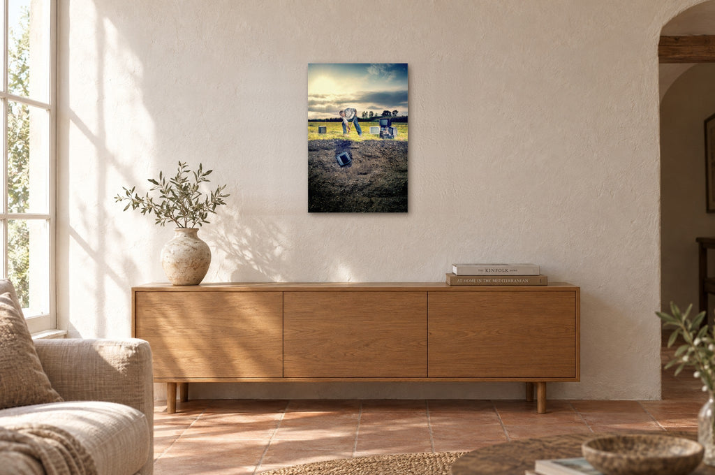 Television Project No. 01 — Burial — photo print shown on a wall in a Mediterranean living room