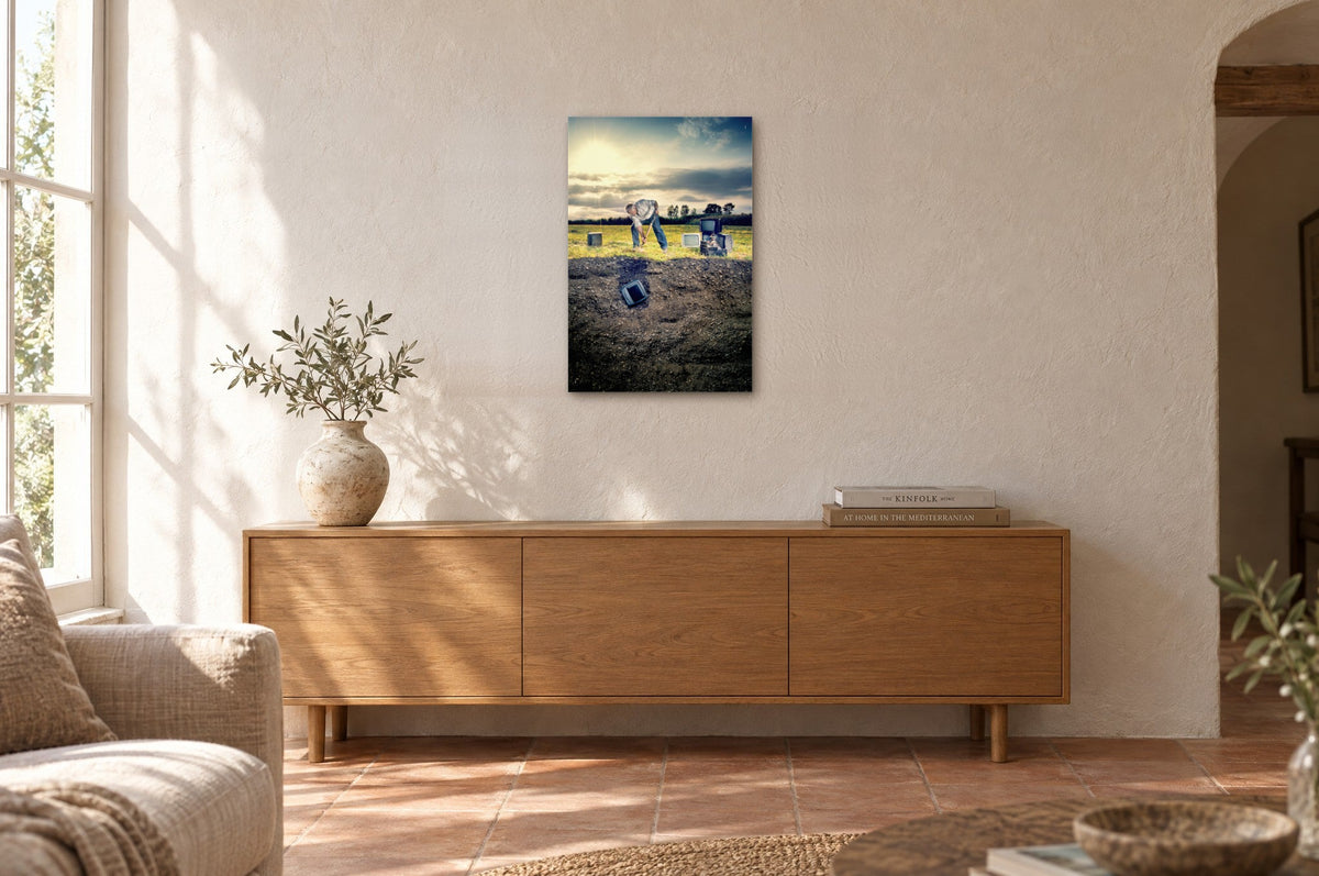 Television Project No. 01 — Burial — photo print shown on a wall in a Mediterranean living room